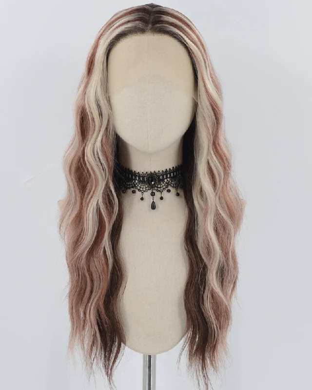 Curly wig with a middle - part for a classic and elegant styleWine Red Skunk Stripe Blonde Wavy Synthetic Lace Front Wig WW738 Curly wig with a middle - part for a classic and elegant styleWine Red Skunk Stripe Blonde Wavy Synthetic Lace Front Wig WW738
