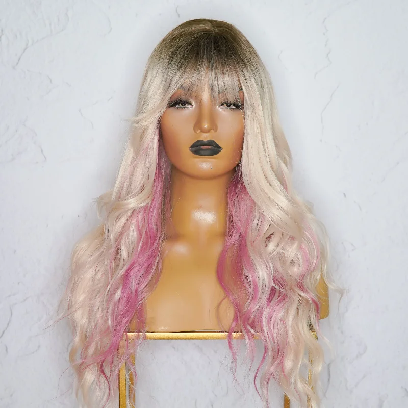 Wavy wig with auburn undertones for a unique and eye - catching colorELOWEN Mixed Pink 22" Fringe Wig