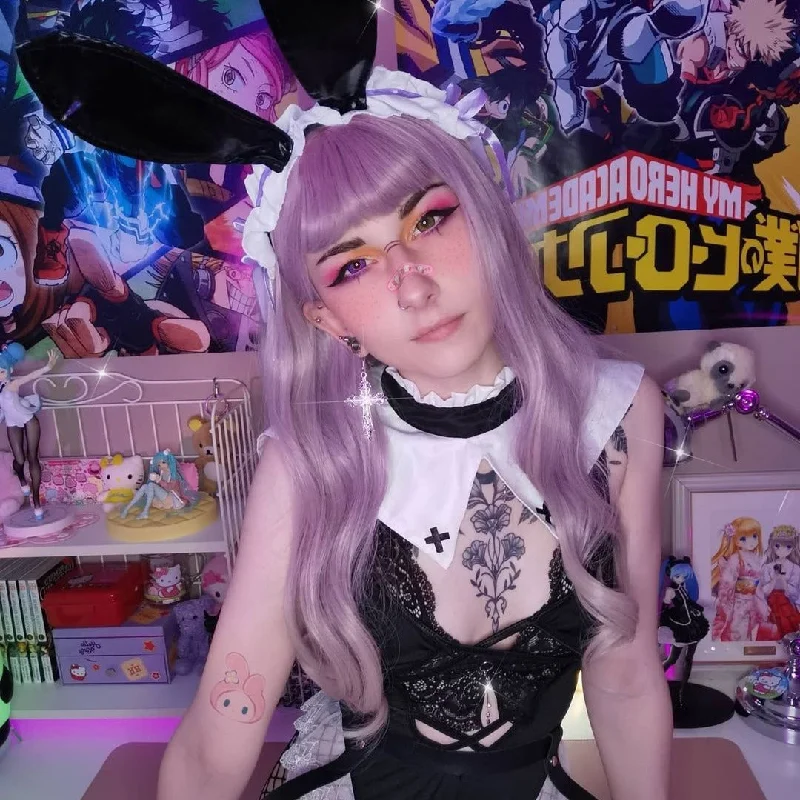 Curly wig with a pre - plucked hairline for a more natural lookHarajuku Lolita purple cos wigs yv42069 Curly wig with a pre - plucked hairline for a more natural lookHarajuku Lolita purple cos wigs yv42069