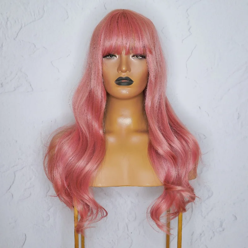 Synthetic wavy wig with a heat - friendly formulaJOY Pink 22" Fringe Wig