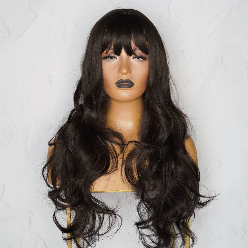 Human - hair wavy wig for a natural and luxurious feelKIRBY Dark Brown Fringe Wig