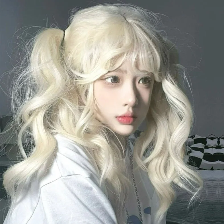 Curly wig with a side - swept bang for a sophisticated lookLolita milk blonde long curly wig yv30864 Curly wig with a side - swept bang for a sophisticated lookLolita milk blonde long curly wig yv30864