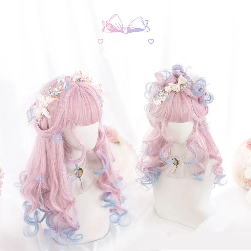 Human - hair curly wig with a bouncy and natural movementlolita pink blue gradient unicorn wig yv30186 Human - hair curly wig with a bouncy and natural movementlolita pink blue gradient unicorn wig yv30186
