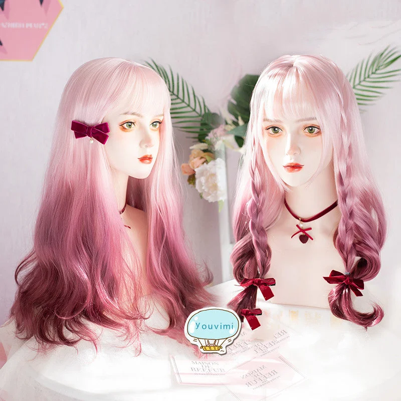 Lace - front curly wig for a seamless hairlineLolita rose pink purple gradient wig yv30559 Lace - front curly wig for a seamless hairlineLolita rose pink purple gradient wig yv30559