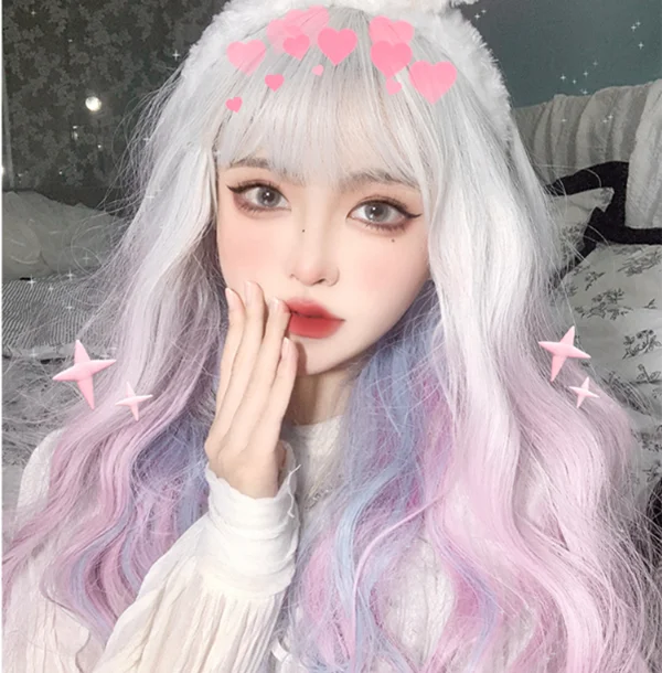Curly wig with a pre - bleached knot for a natural - looking scalplolita silver gradient pink blue wig yv30316 Curly wig with a pre - bleached knot for a natural - looking scalplolita silver gradient pink blue wig yv30316