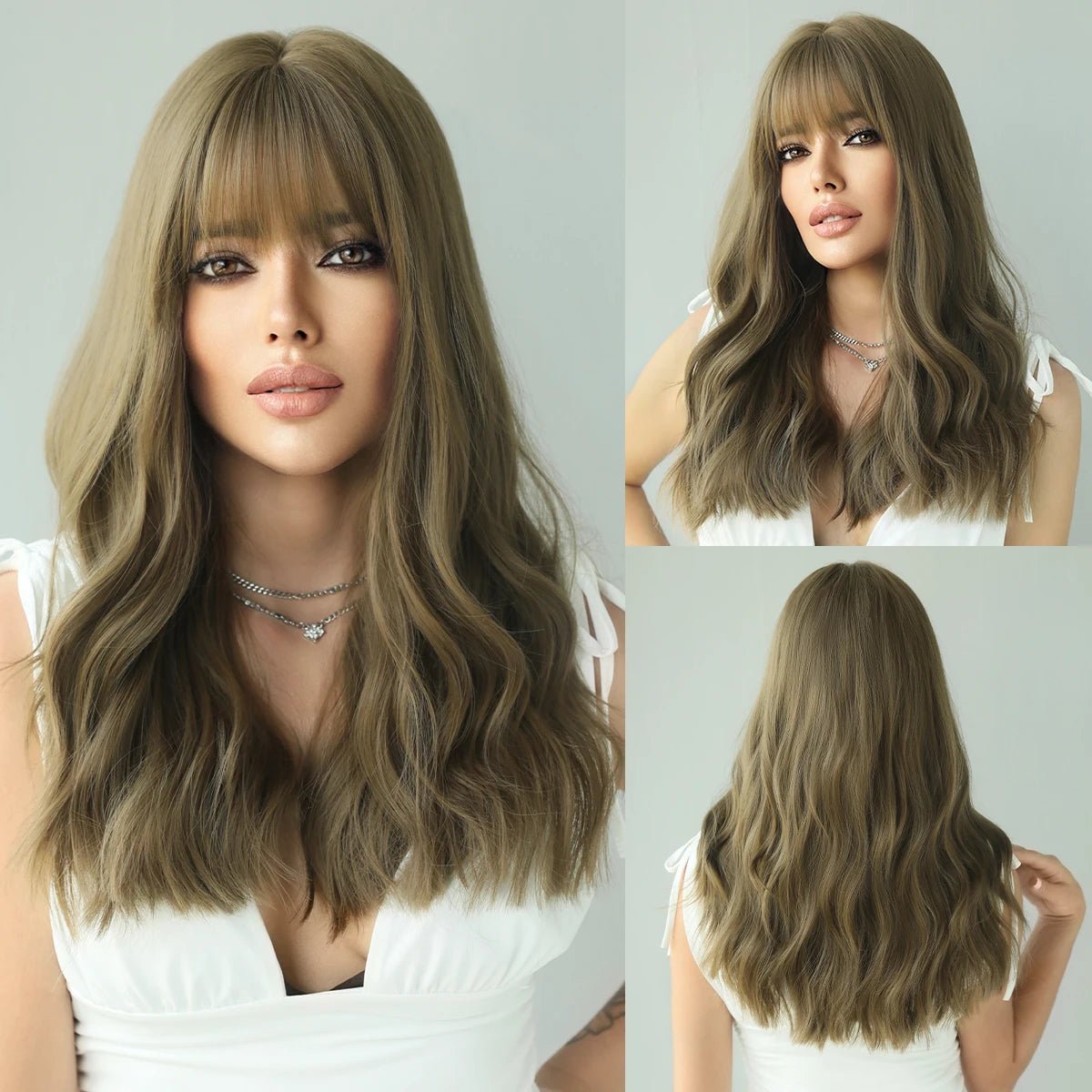 Wavy wig with auburn undertones for a unique and eye - catching colorLong Body Wave Synthetic Wig with Bangs