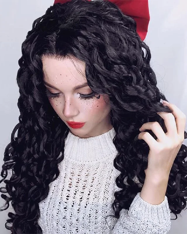 Curly wig with a 220 - density for an extra - full appearanceLong Curly Natural Black Synthetic Lace Front Wig WW035 Curly wig with a 220 - density for an extra - full appearanceLong Curly Natural Black Synthetic Lace Front Wig WW035