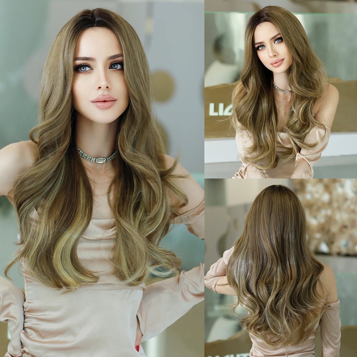 Lace - front wavy wig for a realistic hairlineLong Wavy Synthetic Wig with Bangs