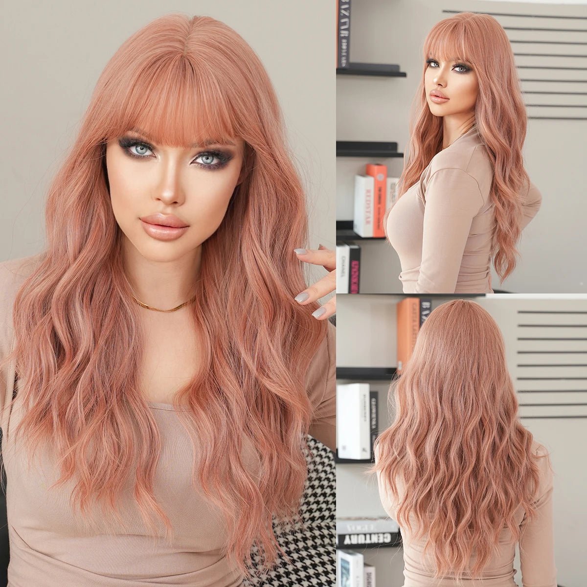 Wavy wig with auburn undertones for a unique and eye - catching colorLong Wavy Synthetic Wig with Neat Bangs Wavy wig with auburn undertones for a unique and eye - catching colorLong Wavy Synthetic Wig with Neat Bangs