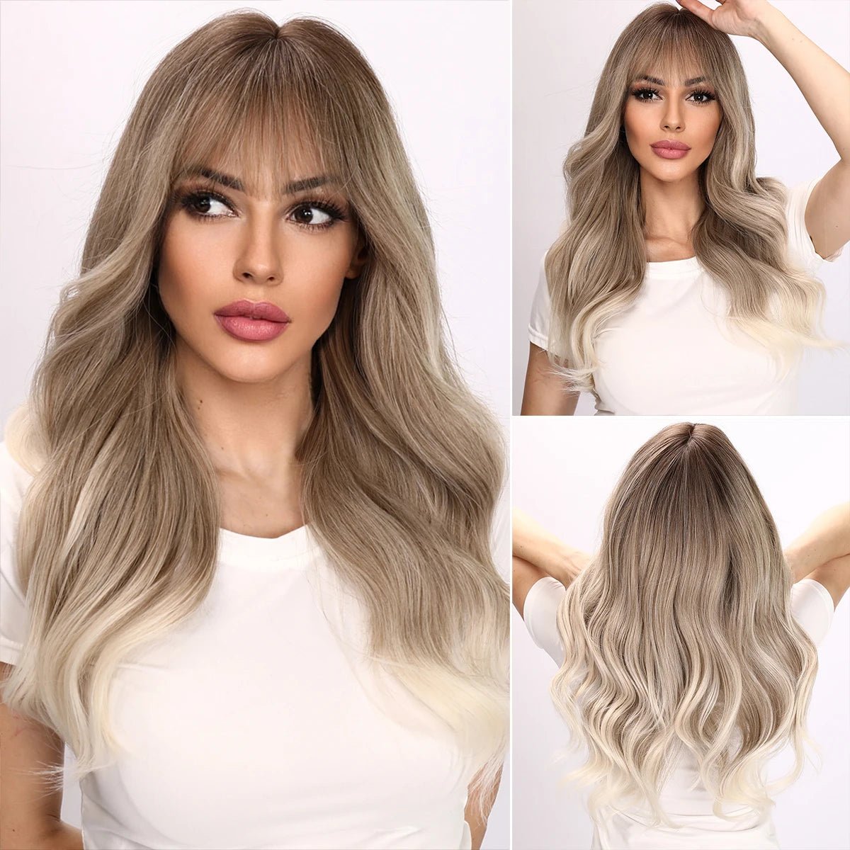 Wavy wig with a wavy bang for a trendy and modern styleLong Wavy Synthetic Wig with Straight Bangs Wavy wig with a wavy bang for a trendy and modern styleLong Wavy Synthetic Wig with Straight Bangs