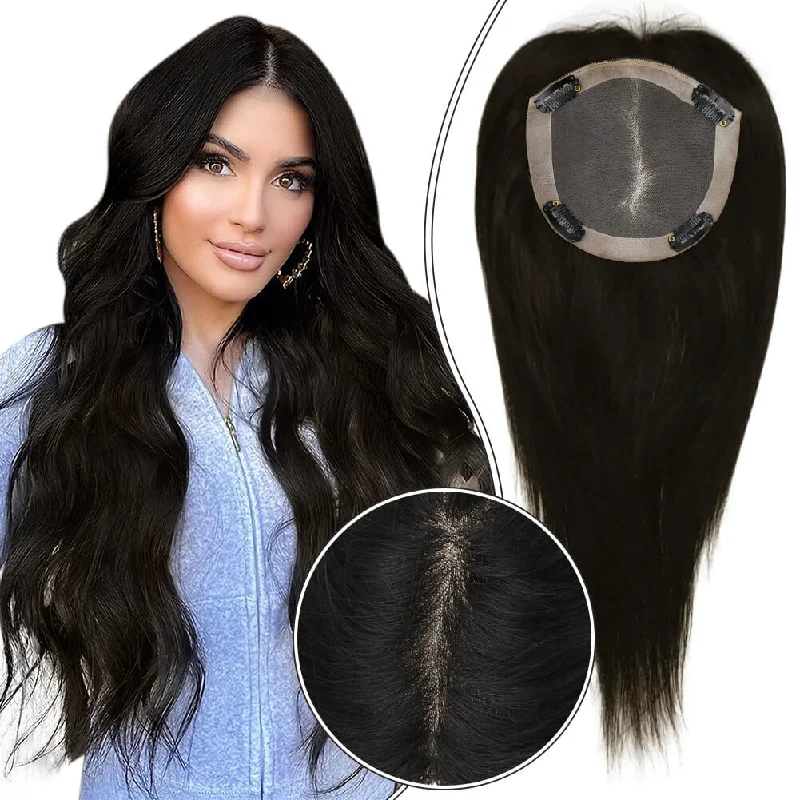 Clip - in hair extensions with a middle - part for a classic and elegant style[US]Moresoo 5"*5" Base Clip In Mono Topper Hairpieces Remy Human Hair Natural Black (#1B)