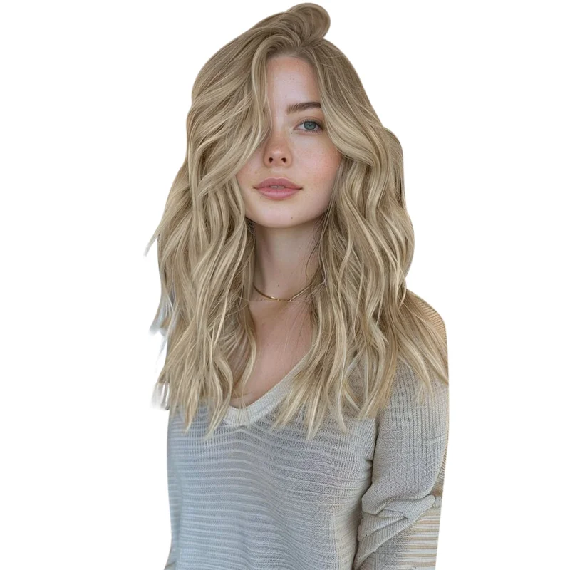 Clip - in hair extensions with a wispy fringe for a soft and feminine lookMoresoo Virgin Hand Tied Real Human Sew In Weft Blonde Balayage Hair (#8/8/613) Clip - in hair extensions with a wispy fringe for a soft and feminine lookMoresoo Virgin Hand Tied Real Human Sew In Weft Blonde Balayage Hair (#8/8/613)