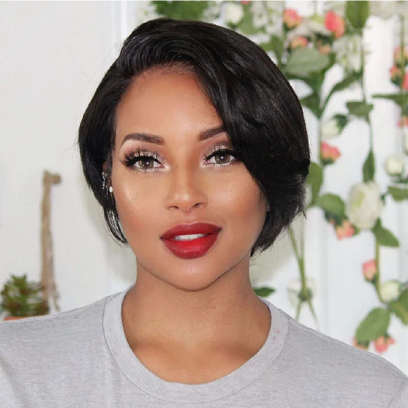 Elf wig for a Dungeons & Dragons characterNatural Black 13x1 T Lace Side Part Straight Short Pixie Cut Bob Wigs For Women Elf wig for a Dungeons & Dragons characterNatural Black 13x1 T Lace Side Part Straight Short Pixie Cut Bob Wigs For Women