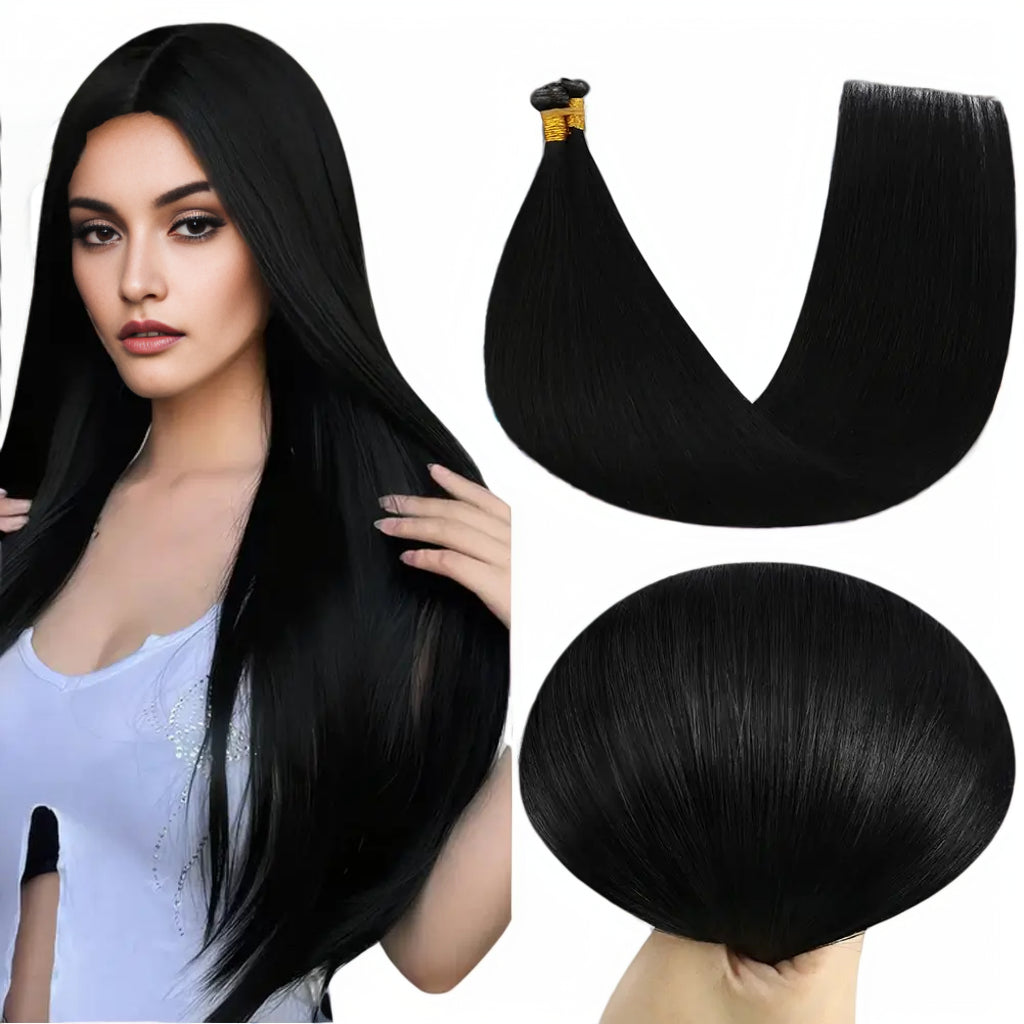 Clip - in hair extensions with a middle - part for a classic and elegant style[New]Moresoo Virgin Invisible Genius Weft Hair Extensions Human Hair Bundles Jet Black (#1)