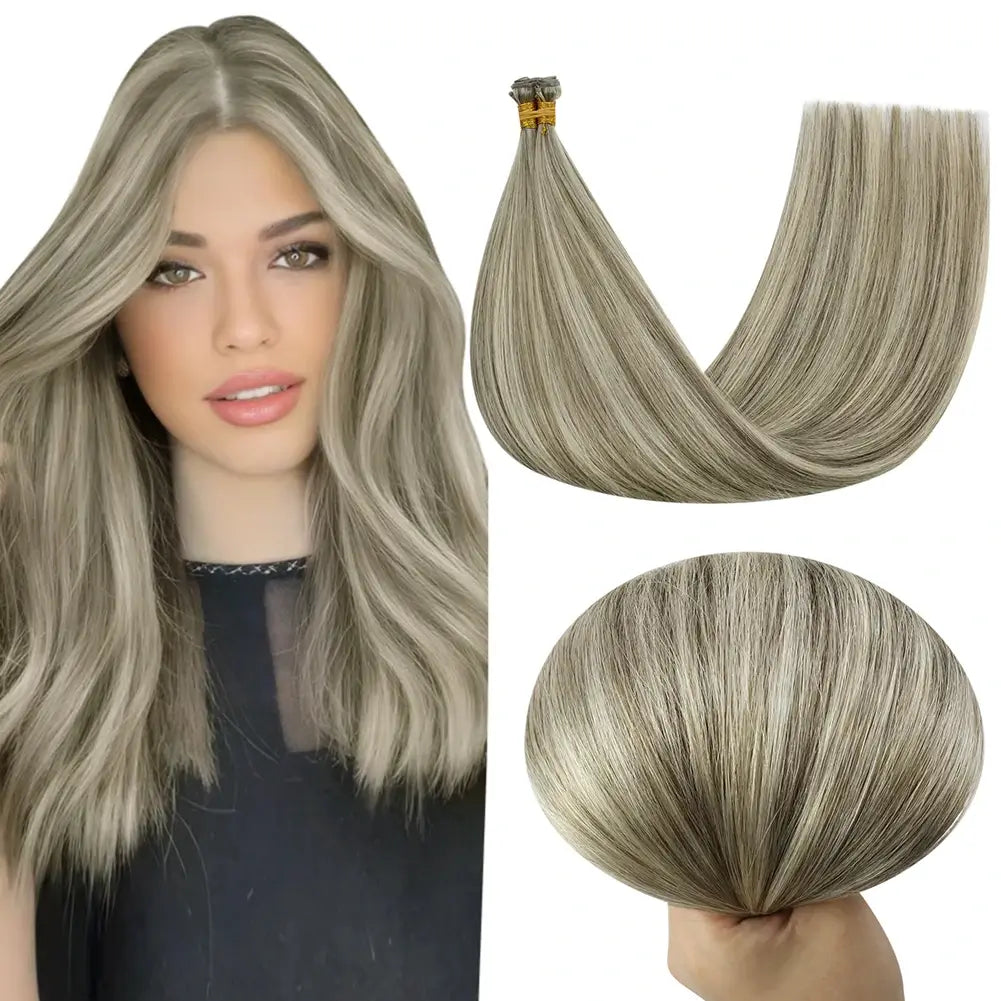 Clip - in hair extensions with a straight texture for a sleek and seamless blend[Sale]Moresoo Virgin Invisible Genius Weft Hair Extensions Human Hair Bundles Gray blonde(1CC/80/60)