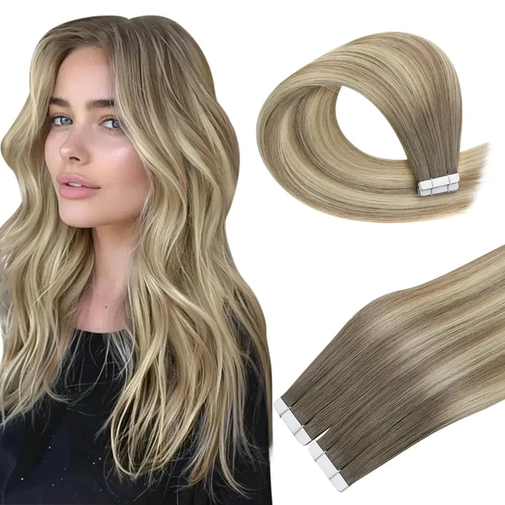 Clip - in hair extensions with a straight texture for a sleek and seamless blend[Sale]Moresoo Virgin Tape In Hair Extensions 100% Brazilian Human Balayage Brown Hair (#5/7/20)