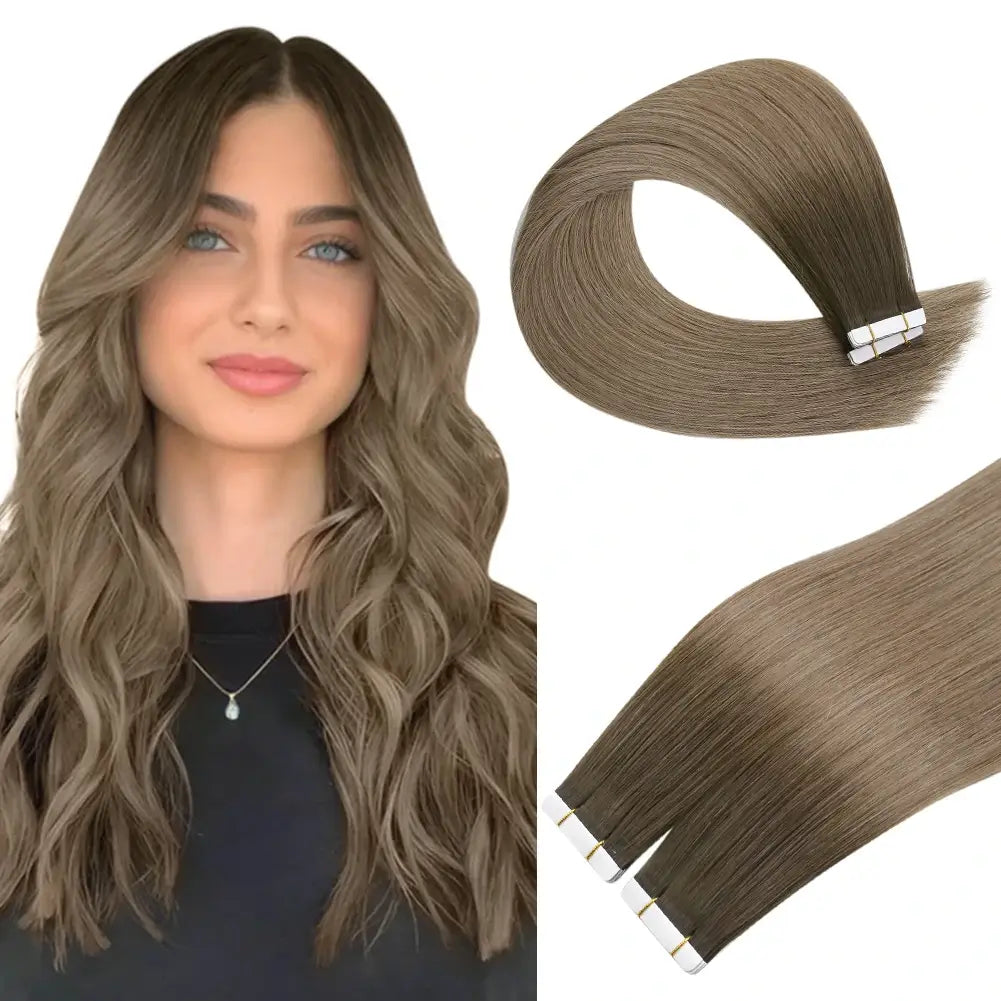 Clip - in hair extensions with a curly texture for a bold and stylish choice[Sale]Moresoo Virgin Tape In Hair Extensions 100% Brazilian Human Balayage Brown Hair (#R2/DXB/18)