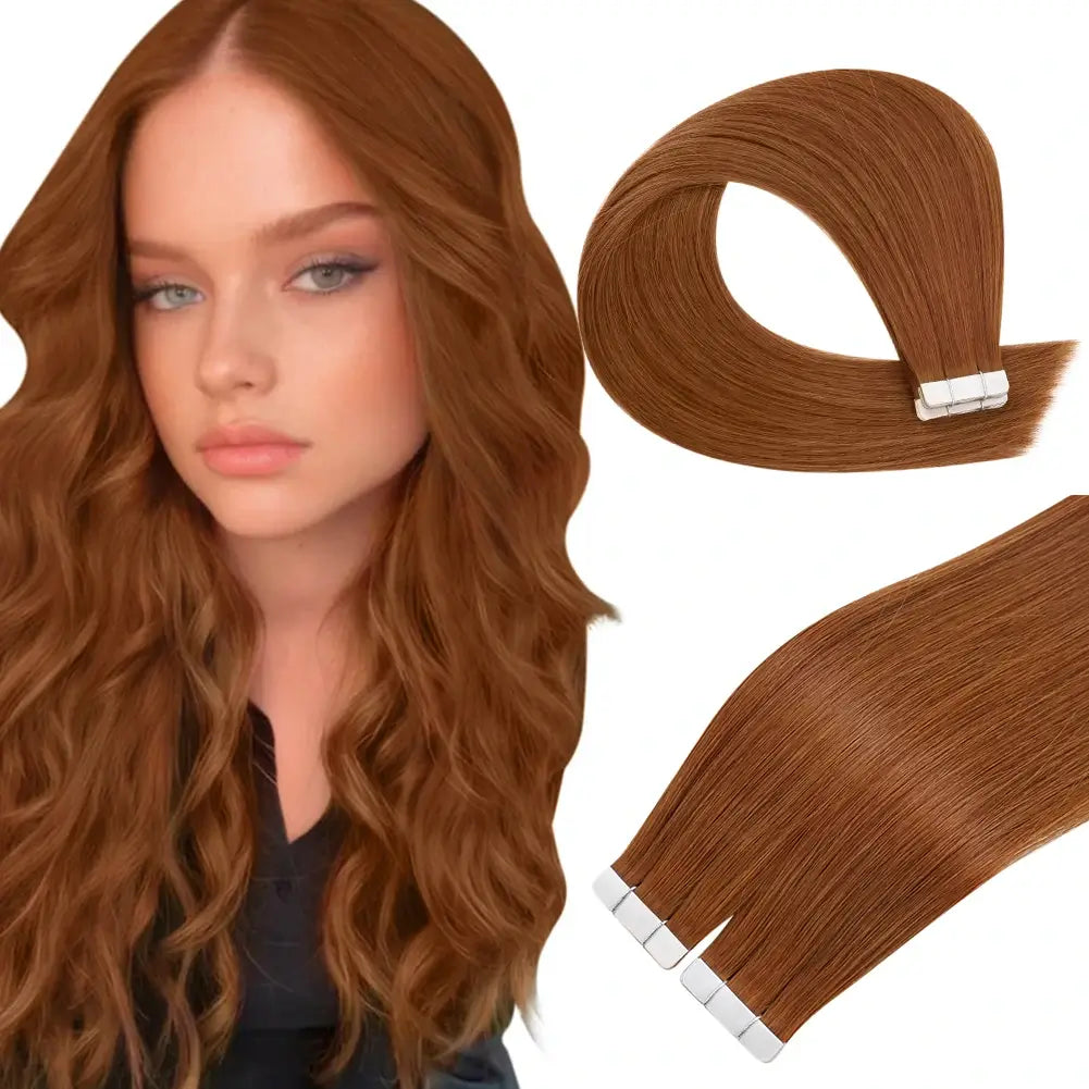 Human - hair clip - in hair extensions for a natural and luxurious look[New]Moresoo Virgin Tape In Hair Extensions 100% Brazilian Human Copper Hair (#33)