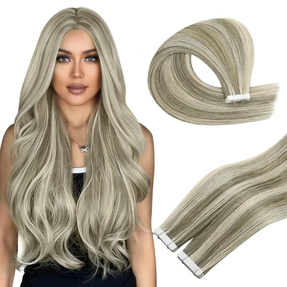 Clip - in hair extensions with a middle - part for a classic and elegant style[Sale]Moresoo Virgin Tape In Hair Extensions 100% Brazilian Human Highlight Blonde Hair (#1CC/80/60)