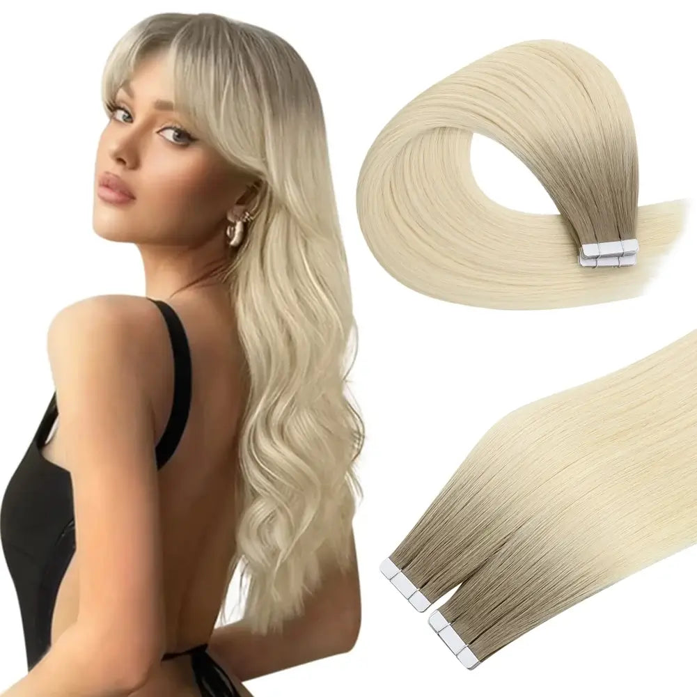 Synthetic clip - in hair extensions with a heat - resistant formula for easy styling[Sale]Moresoo Virgin Tape In Hair Extensions 100% Brazilian Human Ombre Blonde Hair (#R19/60)