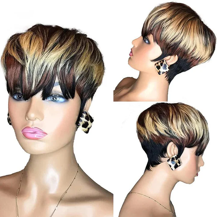 Elf wig with a long ponytail extension for added lengthOmbre Blonde Brown and Black Pixie Cut Bob Straight Wig With Bangs Glueless Wig Elf wig with a long ponytail extension for added lengthOmbre Blonde Brown and Black Pixie Cut Bob Straight Wig With Bangs Glueless Wig