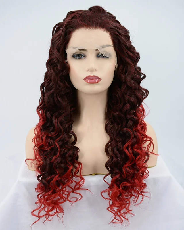 Adjustable - cap curly wig for a comfortable fitOmbre Red Synthetic Lace Front Wig WW119 Adjustable - cap curly wig for a comfortable fitOmbre Red Synthetic Lace Front Wig WW119