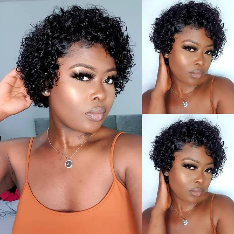 Elf wig with a feather - adorned style for a bohemian touchAMZ Pixie Cut Curly Bob 100% Human Hair Full Machine Made No Lace Gift Wigs Elf wig with a feather - adorned style for a bohemian touchAMZ Pixie Cut Curly Bob 100% Human Hair Full Machine Made No Lace Gift Wigs