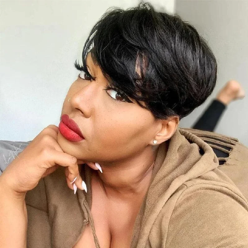 Elf wig with a natural - looking scalp for a realistic effectNatural Black Straight Pixie Cut Short Bob Wig With Bangs Full Machine No Lace Elf wig with a natural - looking scalp for a realistic effectNatural Black Straight Pixie Cut Short Bob Wig With Bangs Full Machine No Lace