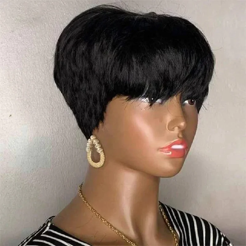 Elf wig for a Christmas elf costumeNatural Black Straight Short Bob Wigs With Bangs Full Machine Pixie Cut Wig Human Hair Elf wig for a Christmas elf costumeNatural Black Straight Short Bob Wigs With Bangs Full Machine Pixie Cut Wig Human Hair