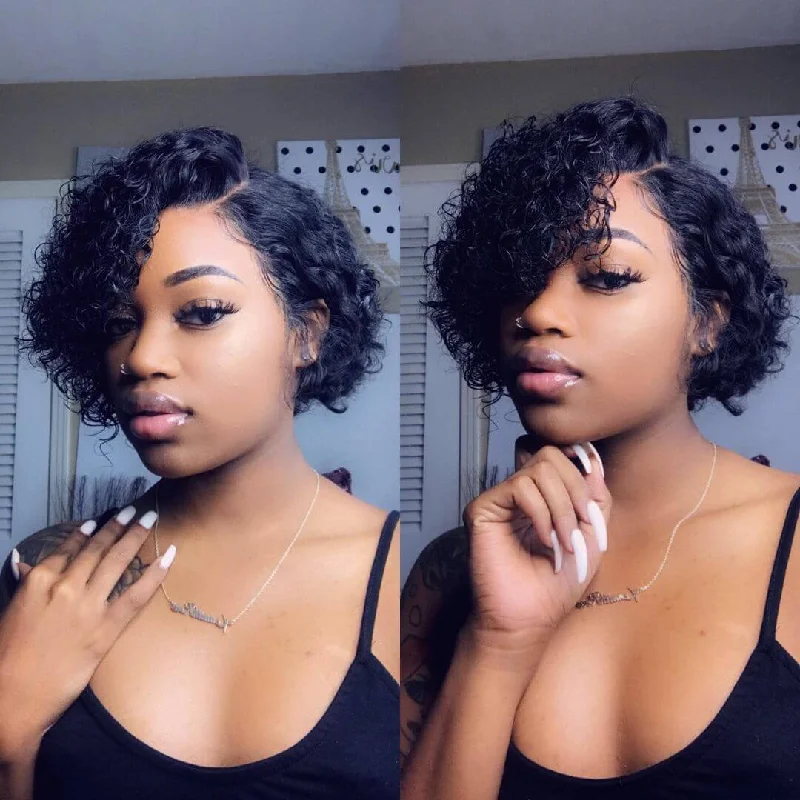 Elf wig made of high - quality human hair for authenticityShort Curly Pixie Cut J Part Lace Frontal Wig Pre Plucked Natural Hairline For Women -Geetahair Elf wig made of high - quality human hair for authenticityShort Curly Pixie Cut J Part Lace Frontal Wig Pre Plucked Natural Hairline For Women -Geetahair