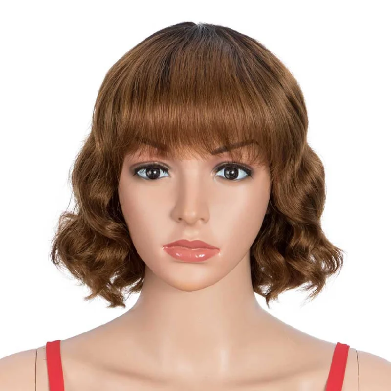 Wavy wig with a pre - styled curl pattern for convenienceRebecca Fashion Short Wig 9 inch Deep Wavy Human Hair Wig With Bangs
