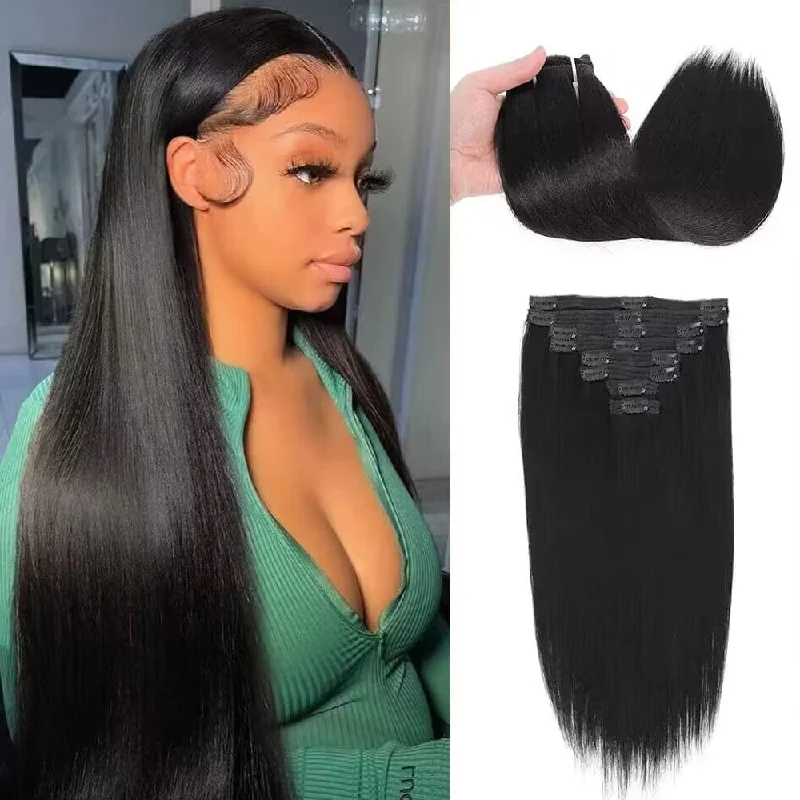 Synthetic clip - in hair extensions with a heat - resistant formula for easy stylingSterly #1 Jet Black Straight Clip-in Human Hair 8 Pices With 18 Clips 120g Synthetic clip - in hair extensions with a heat - resistant formula for easy stylingSterly #1 Jet Black Straight Clip-in Human Hair 8 Pices With 18 Clips 120g