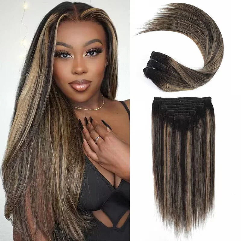 Clip - in hair extensions with a middle - part for a classic and elegant styleSterly #1B/27/1B Dark Balayage Straight Clip-in Human Hair 8 Pices With 18 Clips 120g Clip - in hair extensions with a middle - part for a classic and elegant styleSterly #1B/27/1B Dark Balayage Straight Clip-in Human Hair 8 Pices With 18 Clips 120g