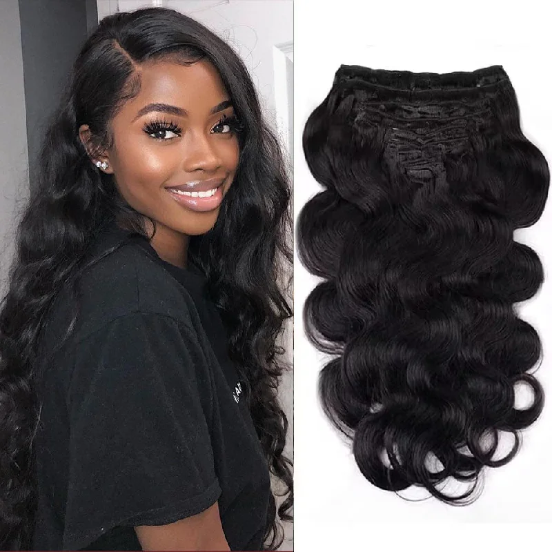Clip - in hair extensions with a wavy texture for a beachy and relaxed lookSterly Body Wave Clip-Ins Hair Extensions Clip In Human Hair Extension 8 Pieces/Set