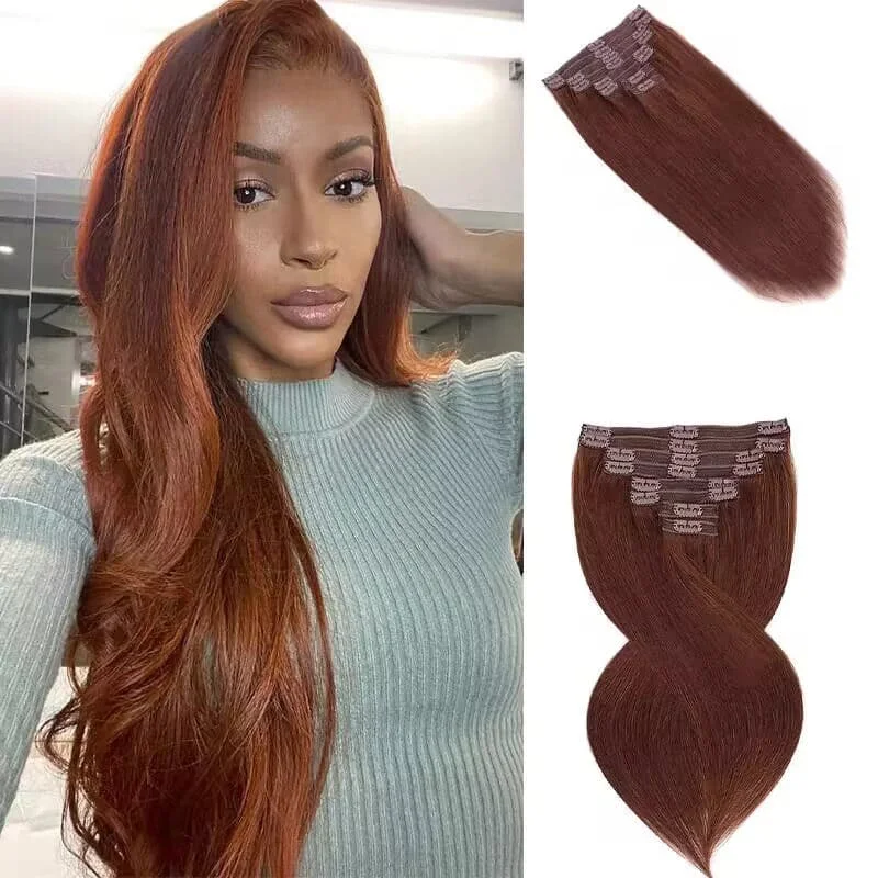 Clip - in hair extensions with a wispy fringe for a soft and feminine lookSterly Reddish Brown Straight Clip in Hair Extensions Human Hair 8pcs Per Set with 18Clips Clip - in hair extensions with a wispy fringe for a soft and feminine lookSterly Reddish Brown Straight Clip in Hair Extensions Human Hair 8pcs Per Set with 18Clips