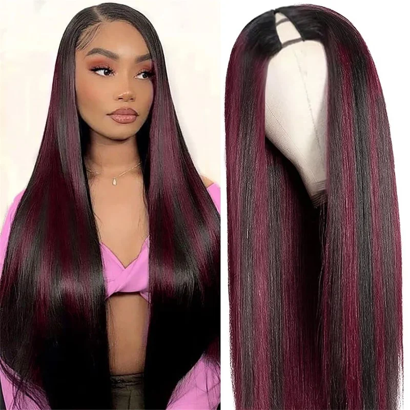 Curly u - shaped wig in a deep chocolate brown??? ✅Straight P1B/99J Black Hair With Burgundy Highlight V/U Part Wig Human Hair No Leave Out Curly u - shaped wig in a deep chocolate brown??? ✅Straight P1B/99J Black Hair With Burgundy Highlight V/U Part Wig Human Hair No Leave Out