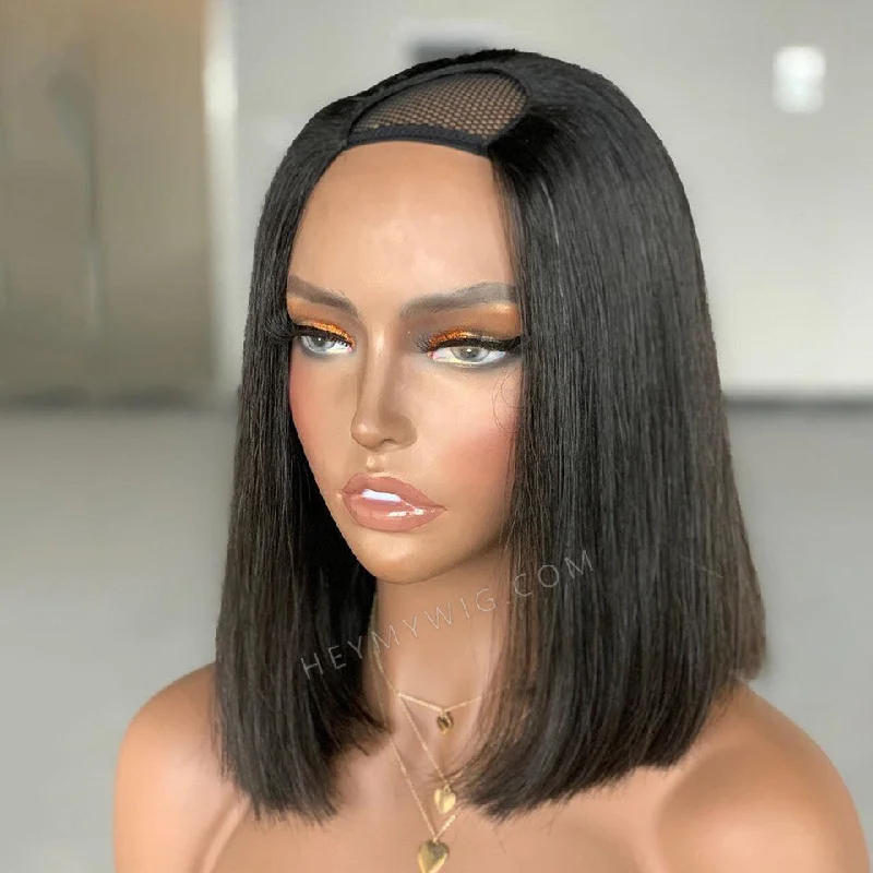 Black u - shaped wig with a glossy finishStraight U-Part Bob Wig