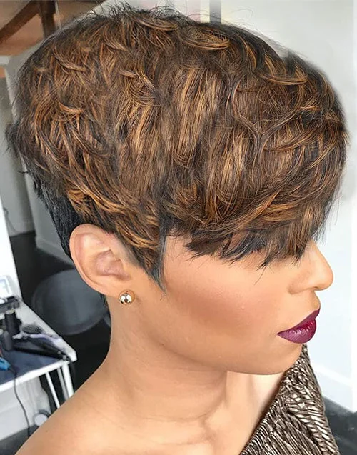 Elf wig with a built - in wig cap for a secure fit{Super Deal} Highlights Brown and Black Pixie Cut Bob Glueless Wig With Bangs Elf wig with a built - in wig cap for a secure fit{Super Deal} Highlights Brown and Black Pixie Cut Bob Glueless Wig With Bangs