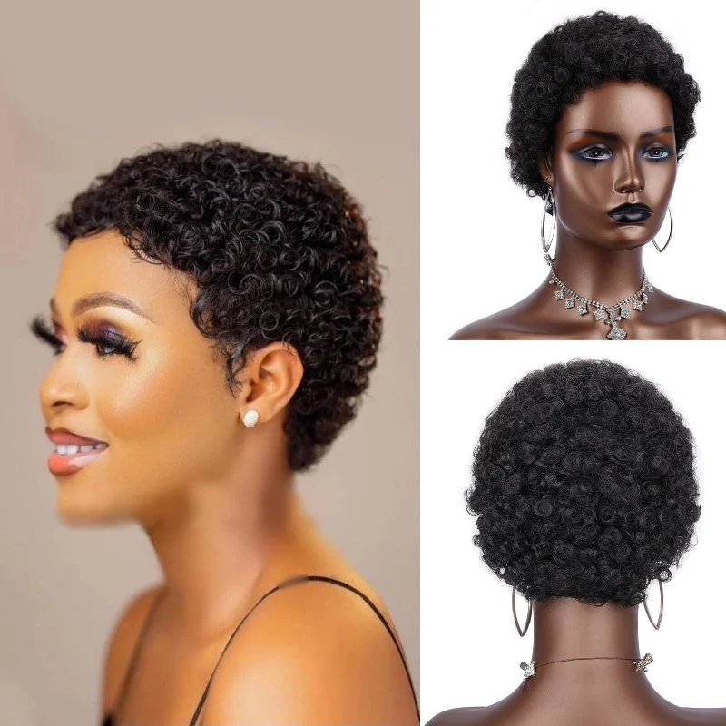 Elf wig with a high - ponytail on top of the headSuper short afro curly pixie wig 100% human hair Brazil no lace wig kinky Jerry curly wig for women Elf wig with a high - ponytail on top of the headSuper short afro curly pixie wig 100% human hair Brazil no lace wig kinky Jerry curly wig for women