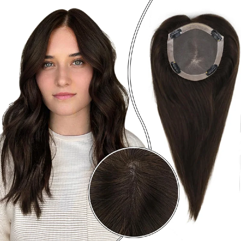 Clip - in hair extensions with a wavy texture for a beachy and relaxed look[US] Moresoo 5"*5" Base Hair Topper Remy Real Human Hair Pieces Dark Brown(#2)