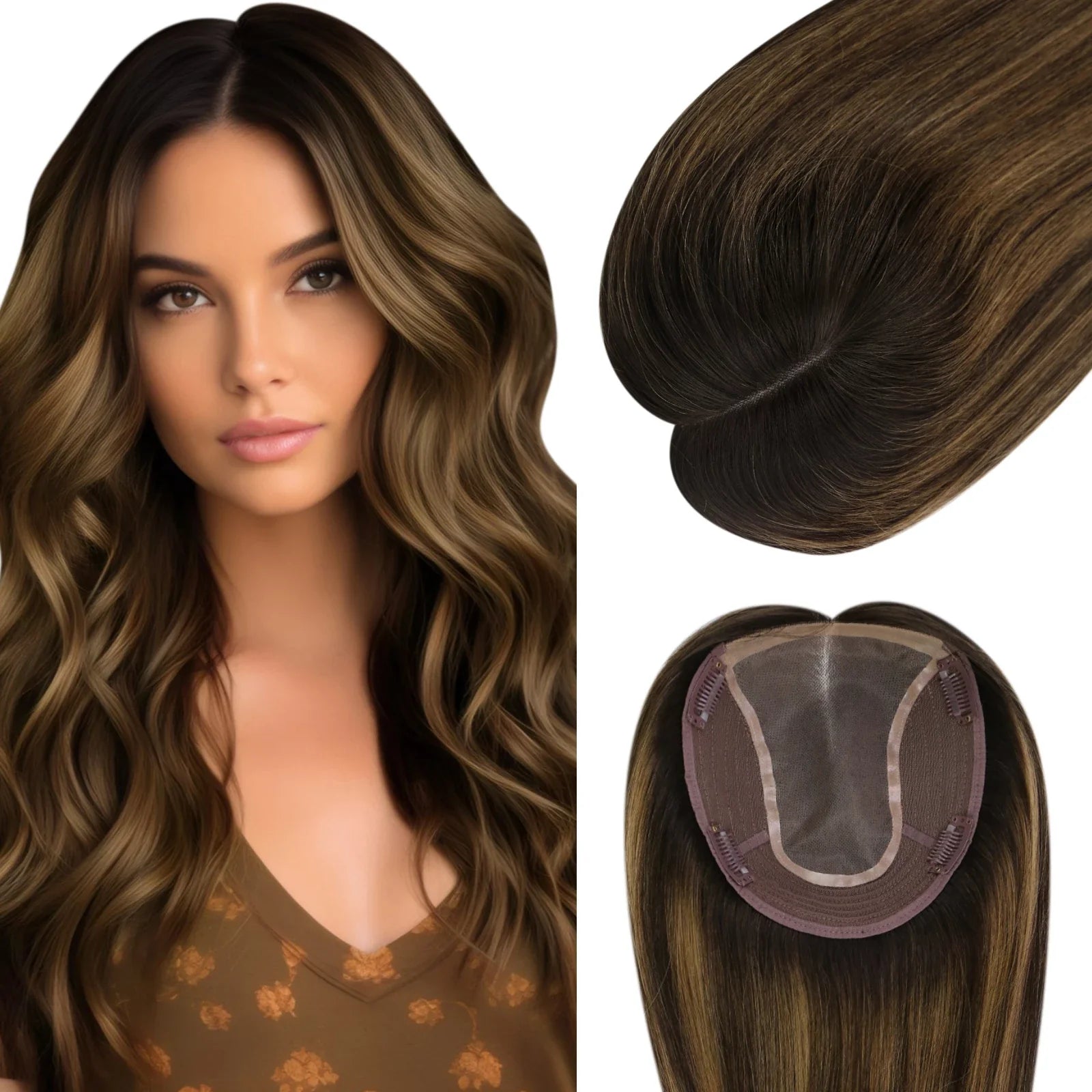 Clip - in hair extensions with a straight texture for a sleek and seamless blend[US] Women Hair Topper 6*7inch Large Base Hair Pieces Balayage Brown #2/8/2