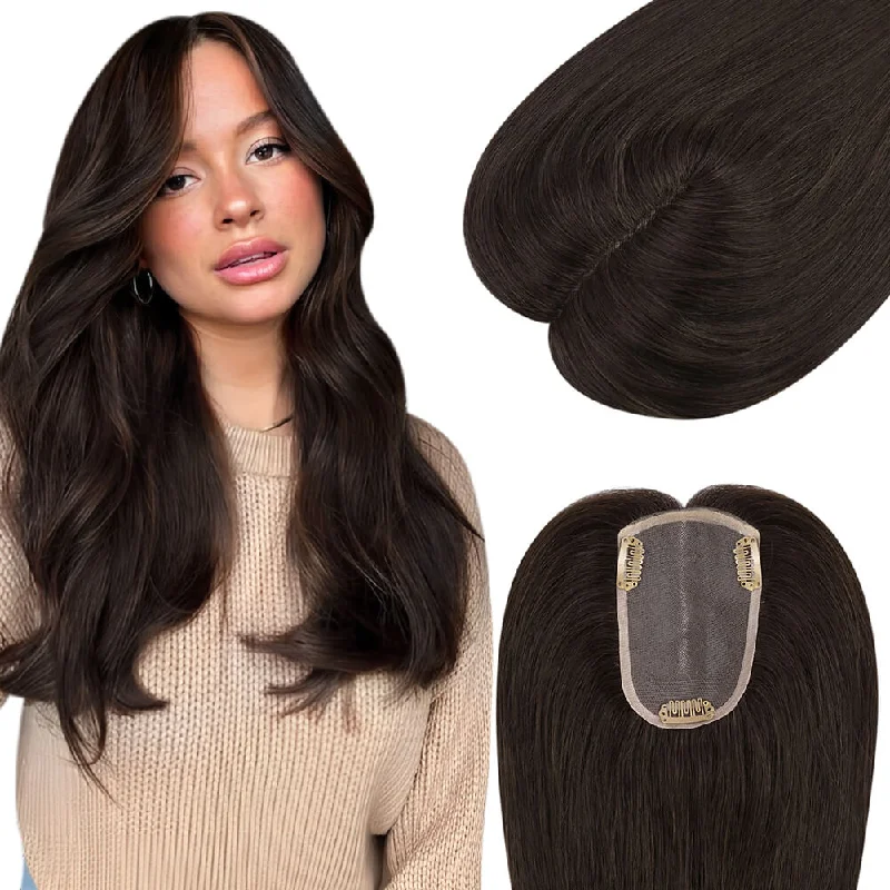 Clip - in hair extensions with a curly texture for a bold and stylish choice[US]Moresoo 3*5inch Human Hair Topper For Women Invisible Darkest Brown (#2)