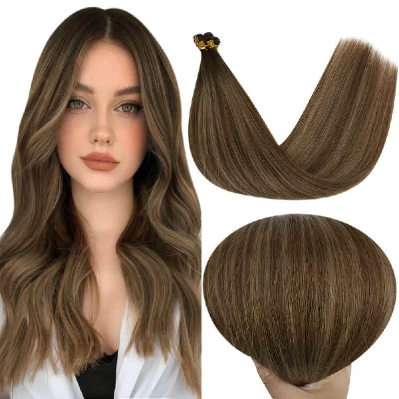 Clip - in hair extensions with a pre - ble[US]Moresoo Invisible Genius Weft Brazilian Human Hair Virgin Bundles Balayage Brown Hair(#4/27/4)