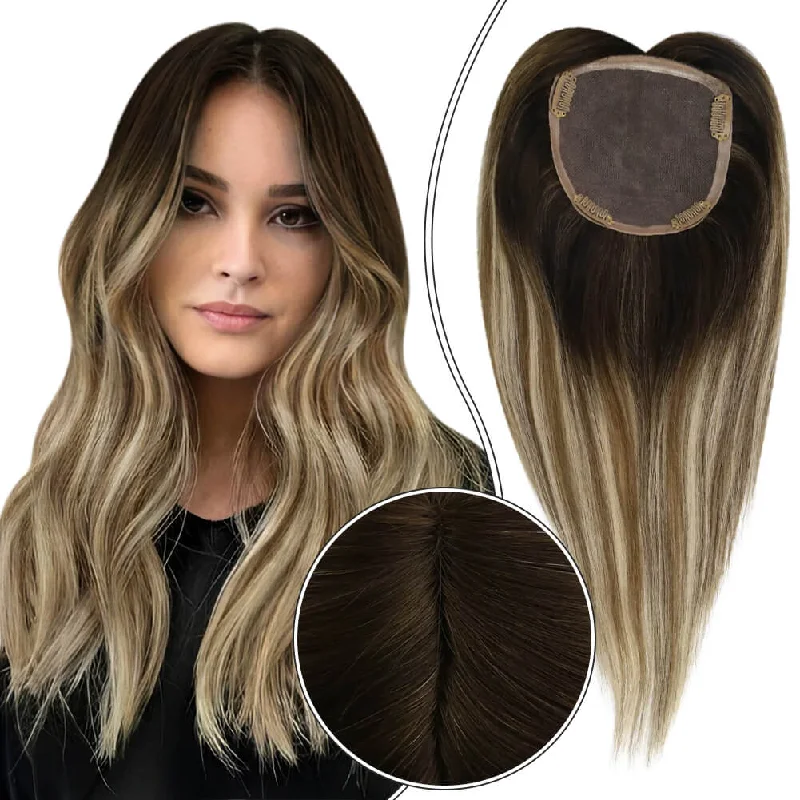 Clip - in hair extensions with a middle - part for a classic and elegant style[US]Moresoo Mono 5"*5" Base Topper Real Human Hair Pieces Balayage Brown (#3/8/22)