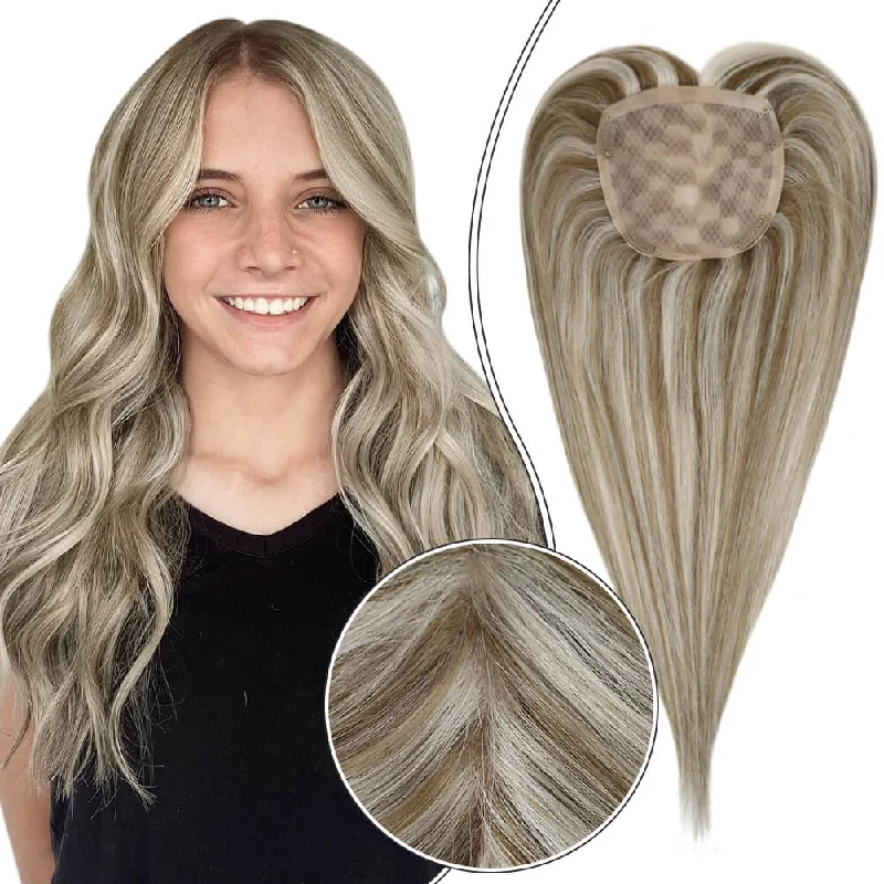 Clip - in hair extensions with a straight texture for a sleek and seamless blend[US]Moresoo  Mono Hair Topper  5"*5" Base Real Human Hair Highlight Blonde (#8P/60)