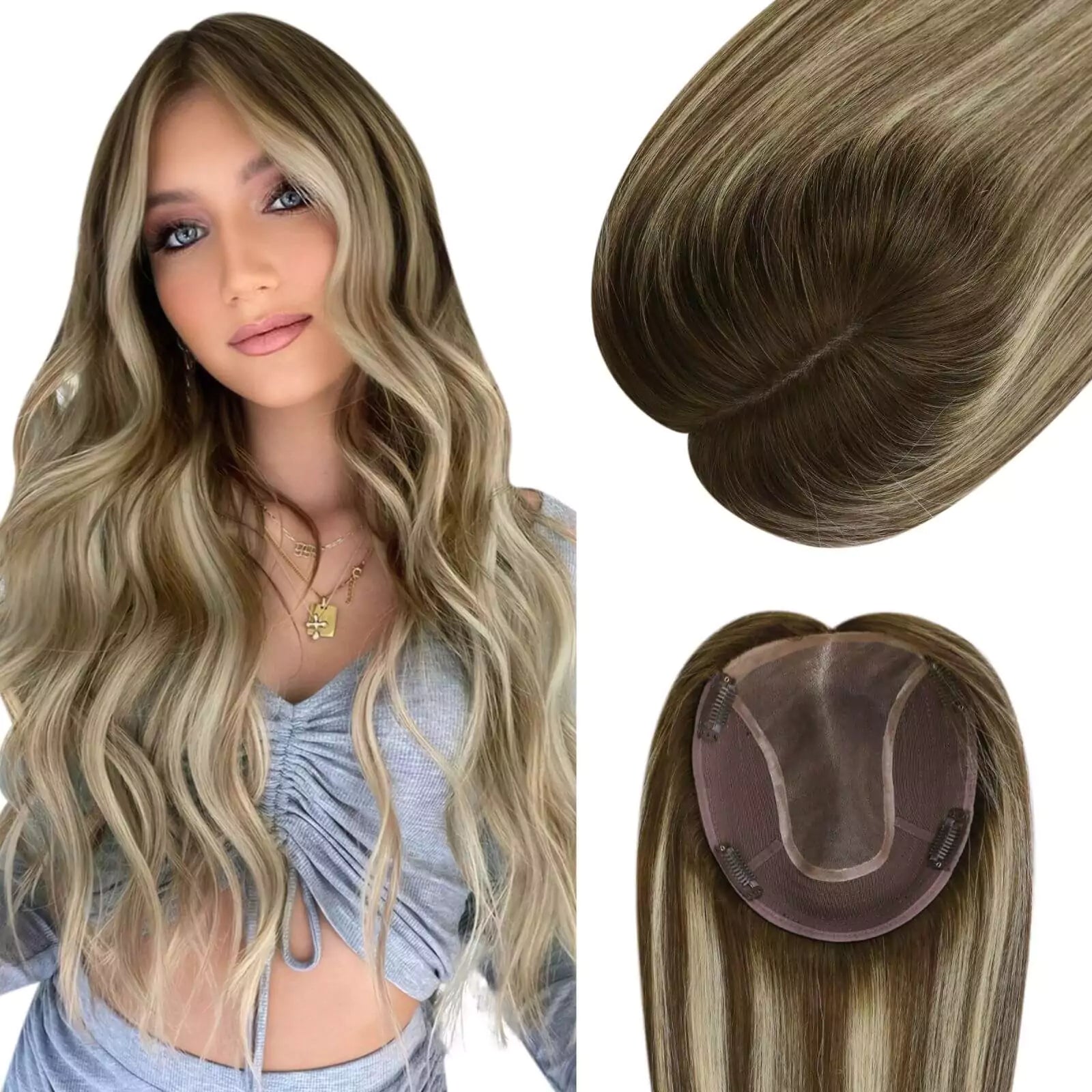 Clip - in hair extensions with a curly texture for a bold and stylish choice[US]Moresoo Virgin Hair Topper for Short Hair Balayage Brown Mix Blonde #4/27/4