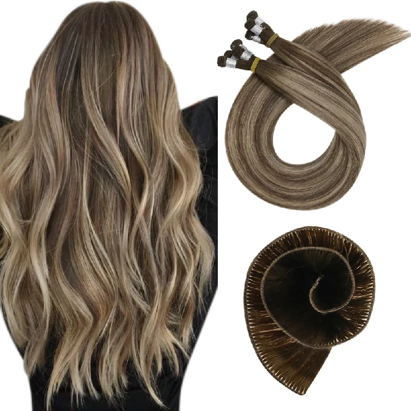 Clip - in hair extensions with a wispy fringe for a soft and feminine look[US]Moresoo Virgin Hand Tied Real Human Sew In Weft Blonde Balayage Hair (#4/27/4)