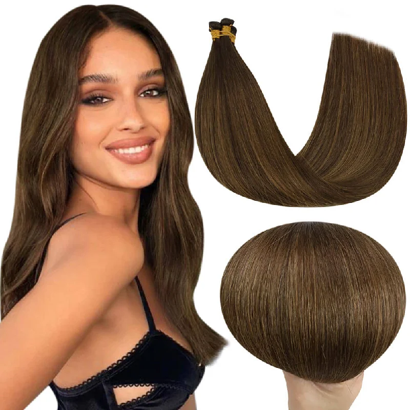 Clip - in hair extensions with a wavy texture for a beachy and relaxed look[US]Moresoo Virgin Invisible Genius Weft Human Hair Extensions Balayage Brown (#DU)