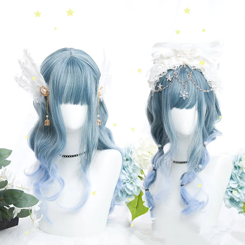 Curly wig with a wavy fringe for a soft and feminine lookWater blue gradient long curly hair wig YV42509