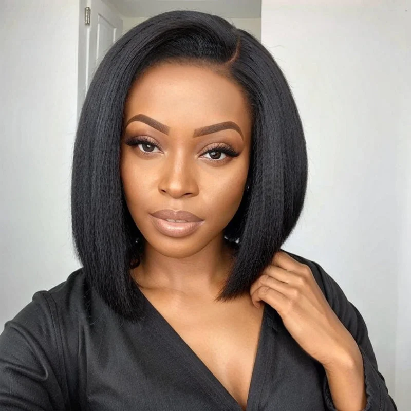 Layered short wig to add volume and dimensionPut On & Go | Glueless 5x5 Kinky Straight 4C Edges HD Lace Short Bob Wig 100% Human Hair Layered short wig to add volume and dimensionPut On & Go | Glueless 5x5 Kinky Straight 4C Edges HD Lace Short Bob Wig 100% Human Hair